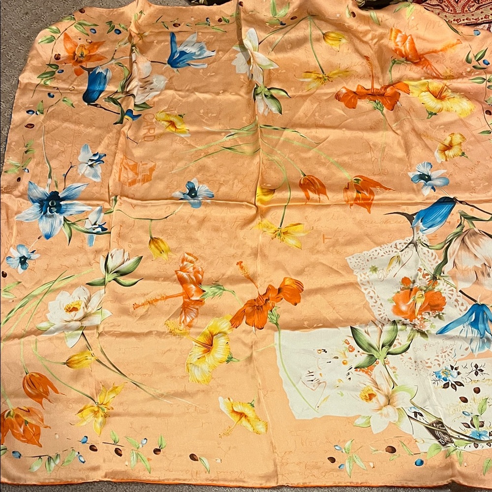 Floral Peach Satin Scarf - Peach with Blue, Orange & Yellow Flowers